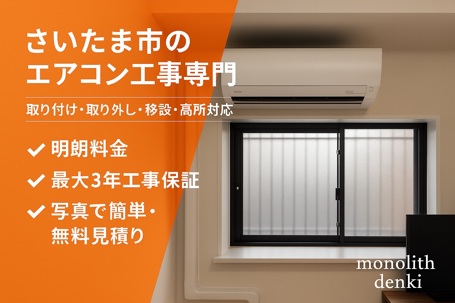 さいたま市西区で格安エアコン取り付け・移設工事ならモノリス電気|指扇・西大宮・戸建て・アパート・マンション対応